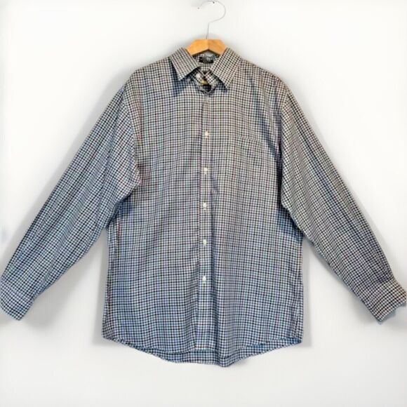 Neiman Marcus Mens Large Plaid Trim Fit Button Up Shirt Black White Purple Blue - Picture 1 of 12